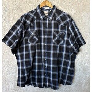 ELY CATTLEMAN Mens Tall 3XLT Pearl Snap SS Shirt Blue Black Plaid Western